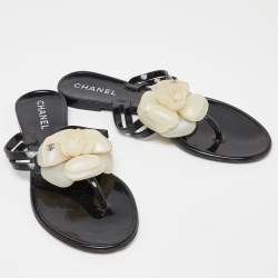 Chanel Black Jelly Camelia Thong Flat Sandals Size 37