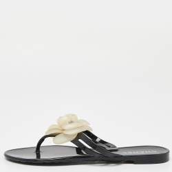 Chanel Black Jelly Camelia Thong Flat Sandals Size 37