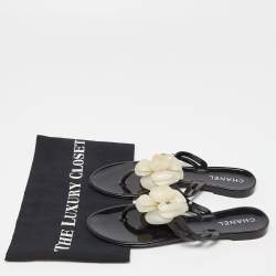 Chanel Black Jelly Camelia Thong Flat Sandals Size 37