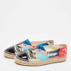 Pre Owned Chanel Multicolor Car Print Fabric and Patent Cap Toe CC Espadrille Flats Size 37