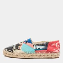 Pre Owned Chanel Multicolor Car Print Fabric and Patent Cap Toe CC Espadrille Flats Size 37
