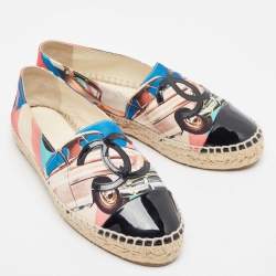 Pre Owned Chanel Multicolor Car Print Fabric and Patent Cap Toe CC Espadrille Flats Size 37