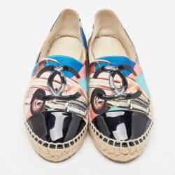 Pre Owned Chanel Multicolor Car Print Fabric and Patent Cap Toe CC Espadrille Flats Size 37
