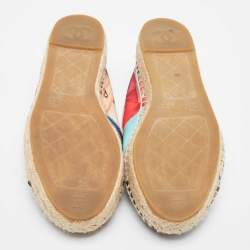 Pre Owned Chanel Multicolor Car Print Fabric and Patent Cap Toe CC Espadrille Flats Size 37