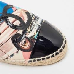 Pre Owned Chanel Multicolor Car Print Fabric and Patent Cap Toe CC Espadrille Flats Size 37