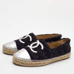 Chanel Black/Sliver Tweed and Leather CC Ballet Flats Size 39