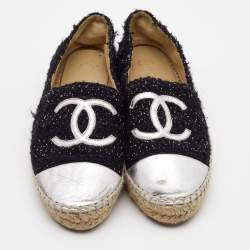 Chanel Black/Sliver Tweed and Leather CC Ballet Flats Size 39