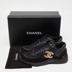 Pre Owned Chanel Black/Gold Tweed,Suede and Leather CC Lace Up Sneakers Size 40.5