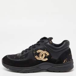 Pre Owned Chanel Black/Gold Tweed,Suede and Leather CC Lace Up Sneakers Size 40.5