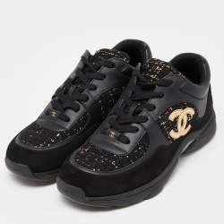 Pre Owned Chanel Black/Gold Tweed,Suede and Leather CC Lace Up Sneakers Size 40.5