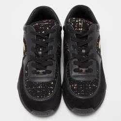 Pre Owned Chanel Black/Gold Tweed,Suede and Leather CC Lace Up Sneakers Size 40.5