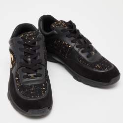 Pre Owned Chanel Black/Gold Tweed,Suede and Leather CC Lace Up Sneakers Size 40.5