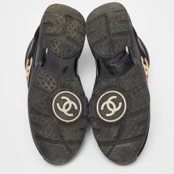 Pre Owned Chanel Black/Gold Tweed,Suede and Leather CC Lace Up Sneakers Size 40.5
