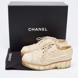 Pre Owned Chanel Beige Jute CC Cap Toe Lace Up Oxfords Size 36
