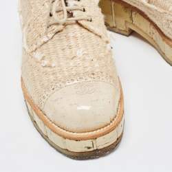 Pre Owned Chanel Beige Jute CC Cap Toe Lace Up Oxfords Size 36