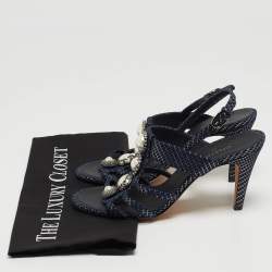 Chanel Navy Blue Textured Suede Faux Pearl Embellished Slingback Sandals Size 38