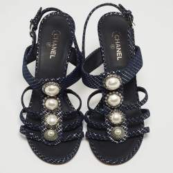 Chanel Navy Blue Textured Suede Faux Pearl Embellished Slingback Sandals Size 38