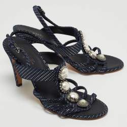 Chanel Navy Blue Textured Suede Faux Pearl Embellished Slingback Sandals Size 38