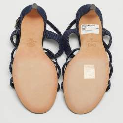 Chanel Navy Blue Textured Suede Faux Pearl Embellished Slingback Sandals Size 38