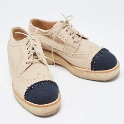Chanel Beige/Black Brogue Canvas Cap Toe Lace Up Derby Size 36