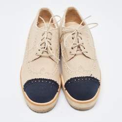 Chanel Beige/Black Brogue Canvas Cap Toe Lace Up Derby Size 36