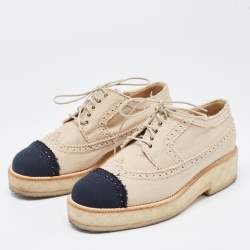 Chanel Beige/Black Brogue Canvas Cap Toe Lace Up Derby Size 36
