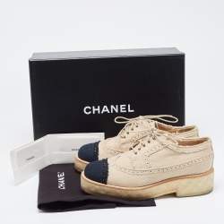 Chanel Beige/Black Brogue Canvas Cap Toe Lace Up Derby Size 36