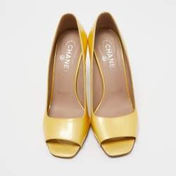 Chanel Yellow Patent Leather CC Open Toe Pumps Size 40