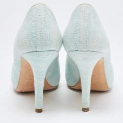 Pre Owned Chanel Pale Blue/White Canvas Bow CC Cap Toe Pumps Size 38.5