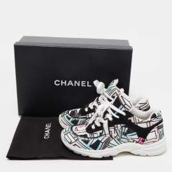 Pre Owned Chanel Multicolor Abstract Print Satin and Suede CC Logo Trainer Low Top Sneakers Size 35.5