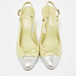 Pre Owned Chanel Yellow/Silver Leather and Laminated Suede CC Cap Toe Bow Slingback Pumps Size 38.5