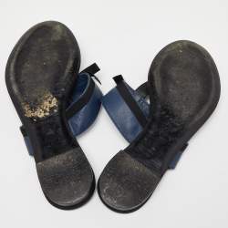 Pre Owned Chanel Navy Blue/Black Leather and Fabric CC Bow Thong Flats Size 37