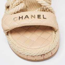 Chanel Beige Leather and  Rope Slingback Espadrille Sandals Size 38