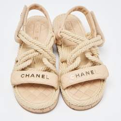 Chanel Beige Leather and  Rope Slingback Espadrille Sandals Size 38