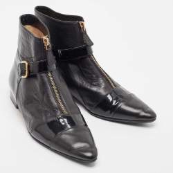 Chanel Black Leather and Patent Ankle Boots Size 38.5