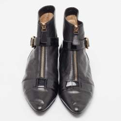 Chanel Black Leather and Patent Ankle Boots Size 38.5