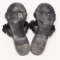 Chanel Black Leather CC Camelia Flat Slides Size 38