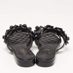 Chanel Black Leather CC Camelia Flat Slides Size 38