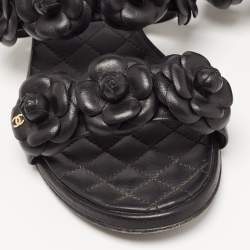 Chanel Black Leather CC Camelia Flat Slides Size 38