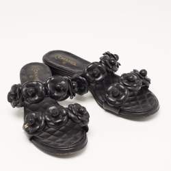 Chanel Black Leather CC Camelia Flat Slides Size 38