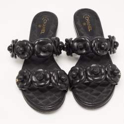 Chanel Black Leather CC Camelia Flat Slides Size 38