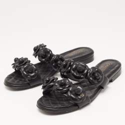 Chanel Black Leather CC Camelia Flat Slides Size 38