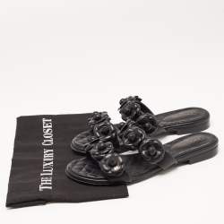 Chanel Black Leather CC Camelia Flat Slides Size 38