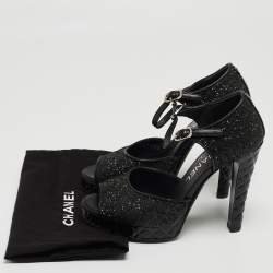 Chanel Black Coarse Glitter CC Platform Ankle Strap Sandals Size 36