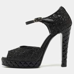 Chanel Black Coarse Glitter CC Platform Ankle Strap Sandals Size 36