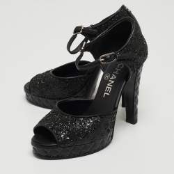 Chanel Black Coarse Glitter CC Platform Ankle Strap Sandals Size 36