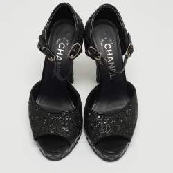 Chanel Black Coarse Glitter CC Platform Ankle Strap Sandals Size 36