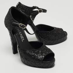 Chanel Black Coarse Glitter CC Platform Ankle Strap Sandals Size 36