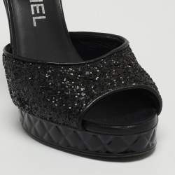 Chanel Black Coarse Glitter CC Platform Ankle Strap Sandals Size 36