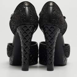 Chanel Black Coarse Glitter CC Platform Ankle Strap Sandals Size 36